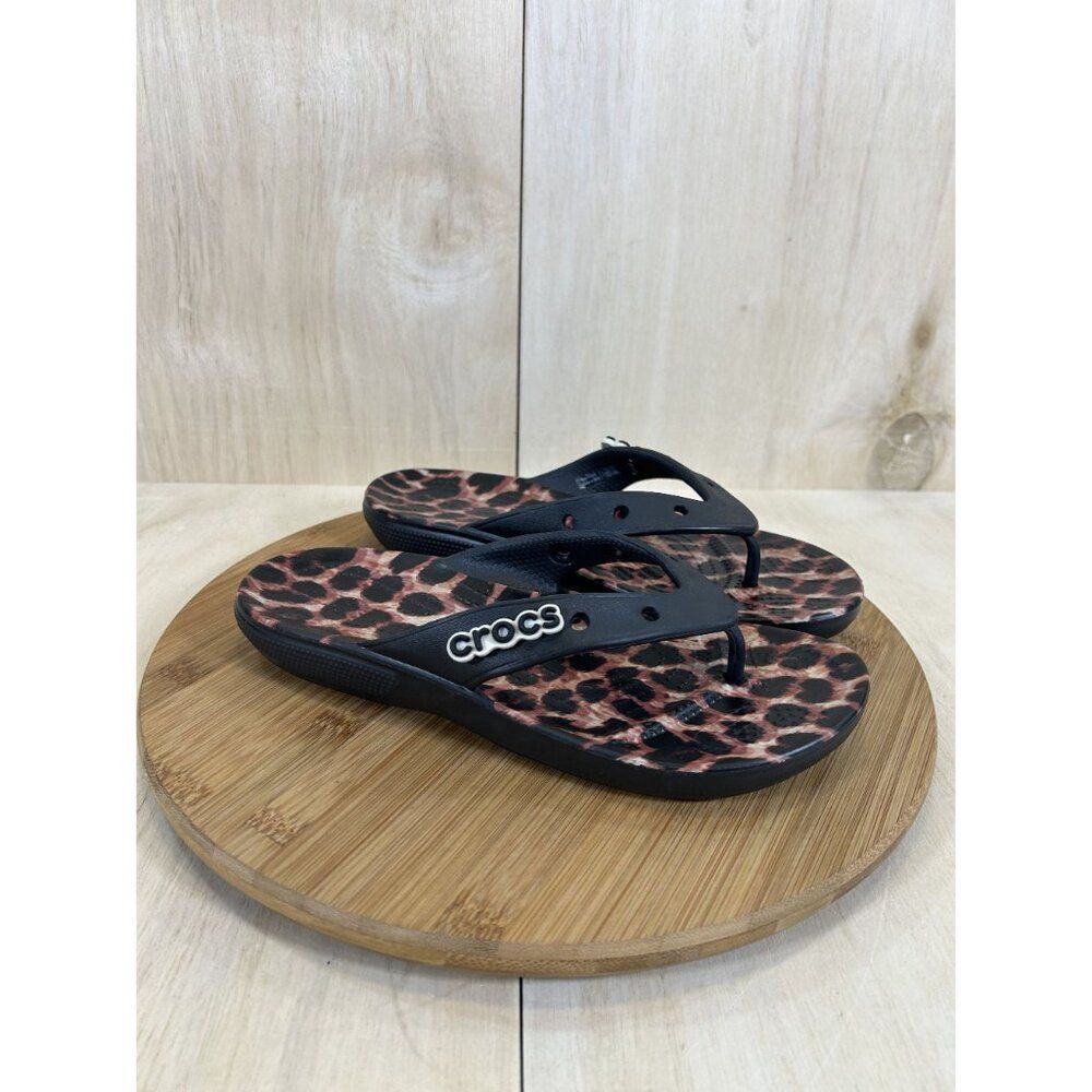CROCS Leopard Print Flip Flop Sandals with Black Straps - Picture 3 of 7